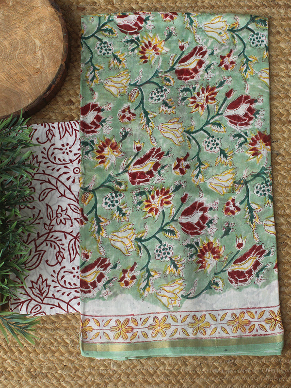 Sea Green Bagru Hand Block Printed Chanderi Dress Material