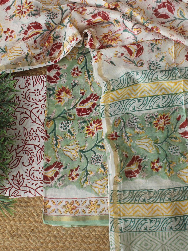 Sea Green Bagru Hand Block Printed Chanderi Dress Material