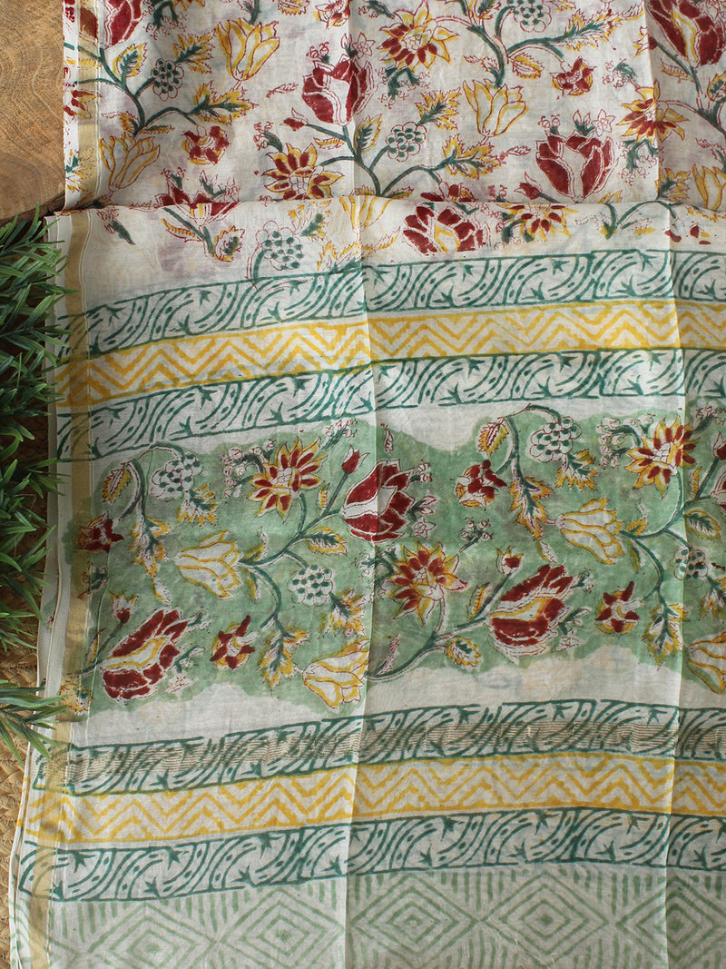 Sea Green Bagru Hand Block Printed Chanderi Dress Material