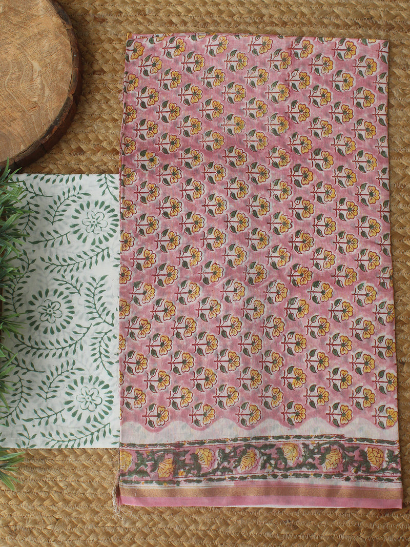 Pink Bagru Hand Block Printed Chanderi Dress Material