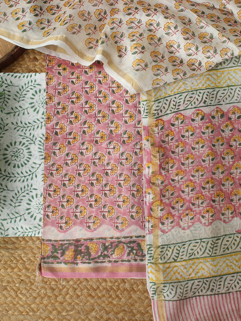 Pink Bagru Hand Block Printed Chanderi Dress Material