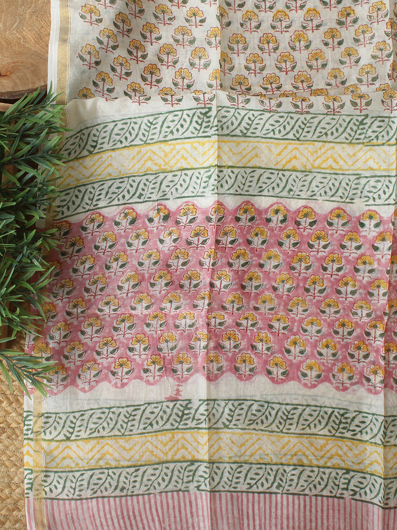 Pink Bagru Hand Block Printed Chanderi Dress Material