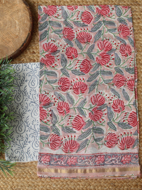 Pink Bagru Hand Block Printed Chanderi Dress Material