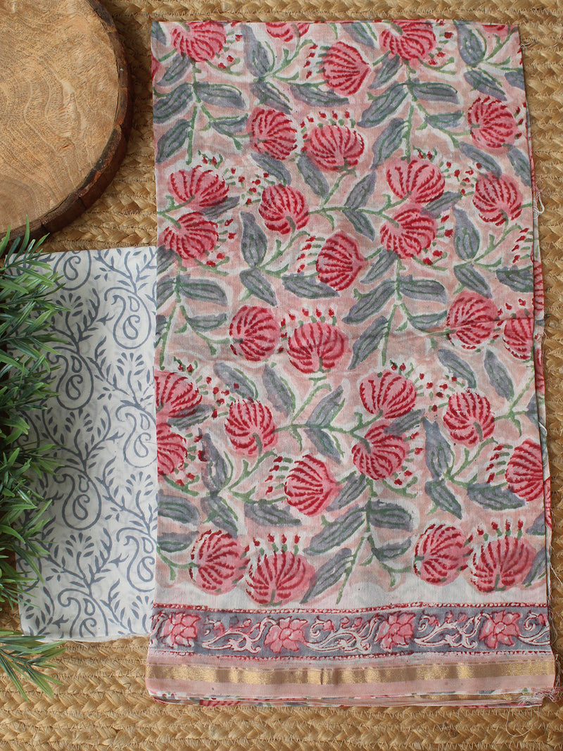 Pink Bagru Hand Block Printed Chanderi Dress Material