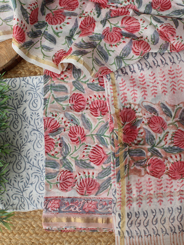 Pink Bagru Hand Block Printed Chanderi Dress Material