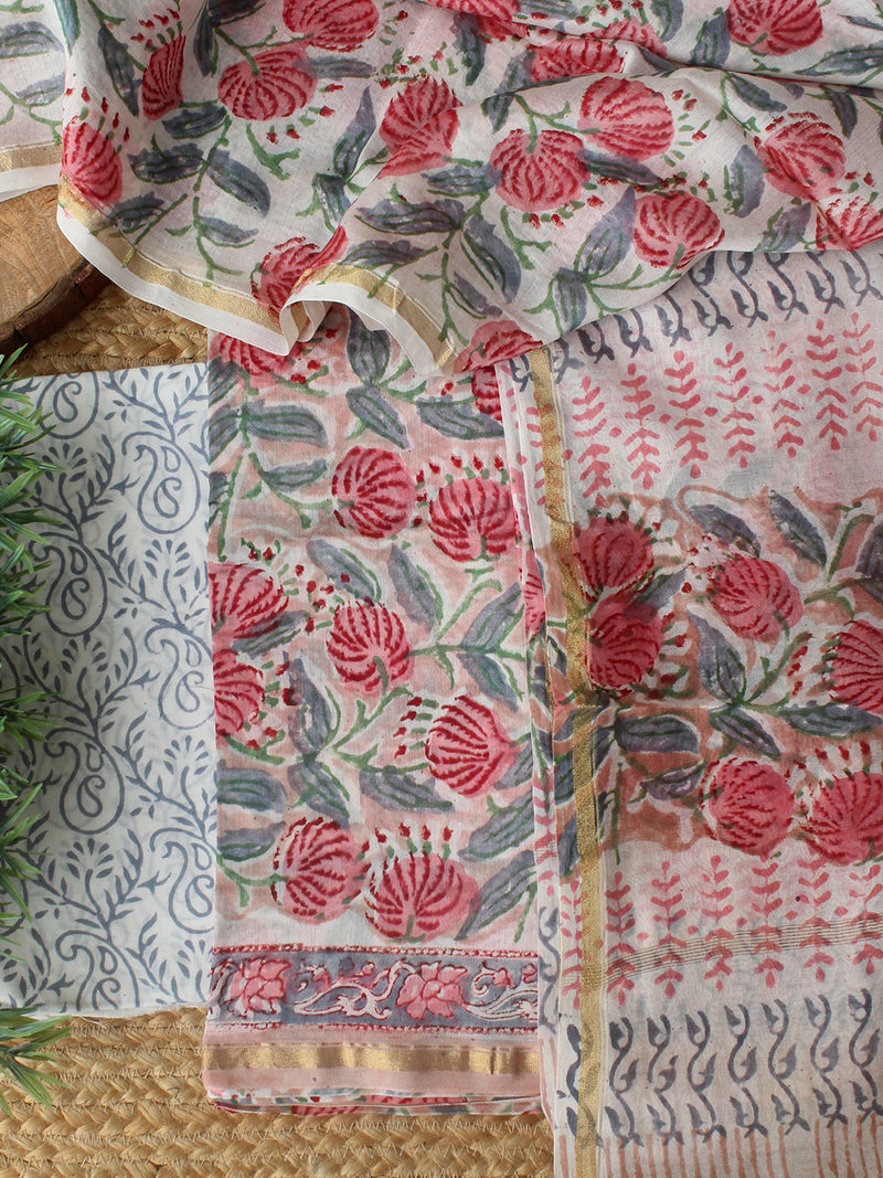 Pink Bagru Hand Block Printed Chanderi Dress Material