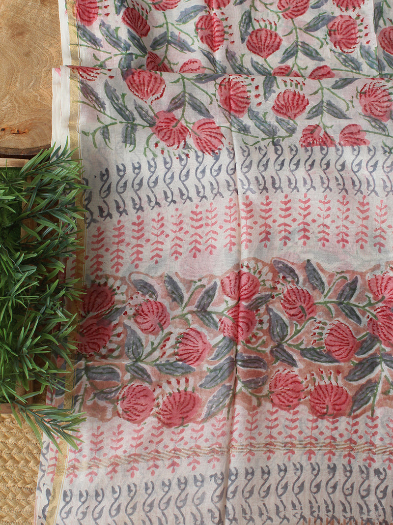Pink Bagru Hand Block Printed Chanderi Dress Material