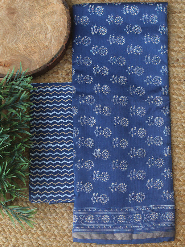 Blue Bagru Khari Hand Block Printed Chanderi Dress Material
