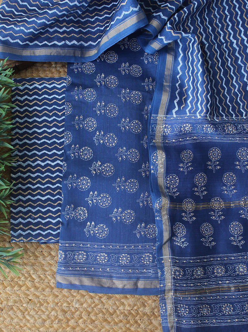 Blue Bagru Khari Hand Block Printed Chanderi Dress Material