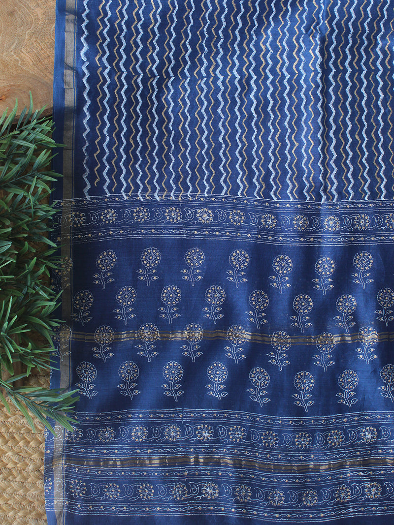 Blue Bagru Khari Hand Block Printed Chanderi Dress Material