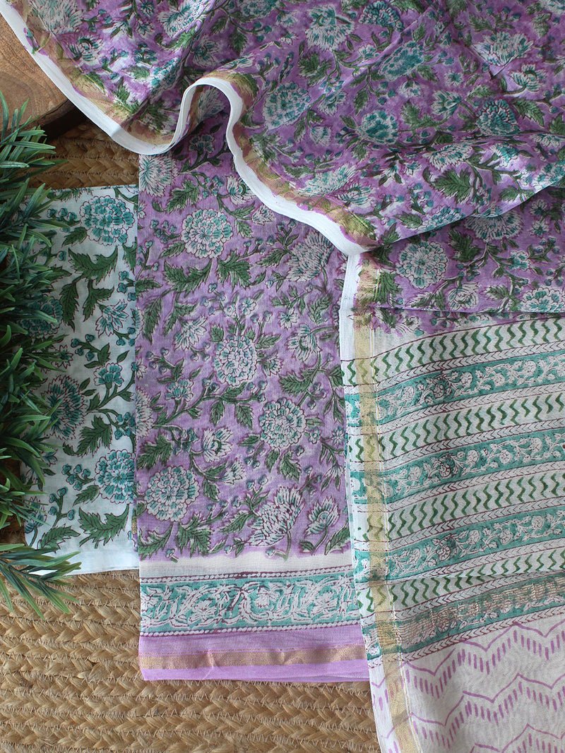 Violet Bagru Hand Block Printed Chanderi Dress Material