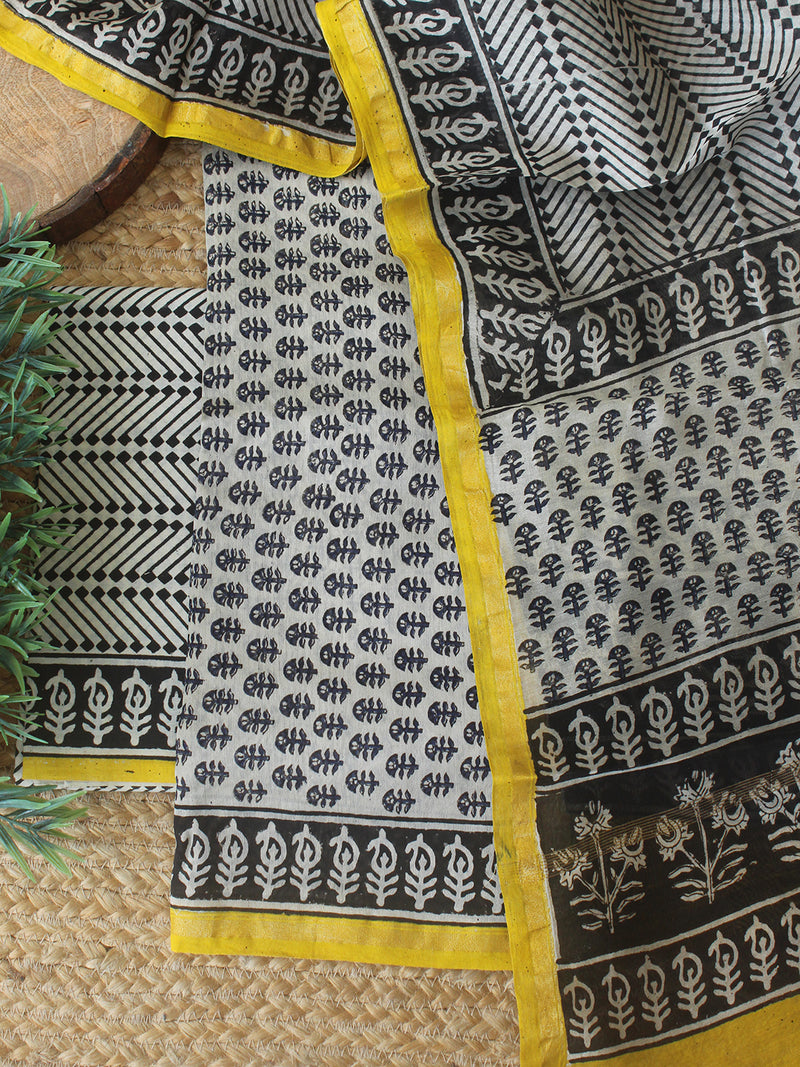 Off-White Bagru Hand Block Printed Chanderi Dress Material