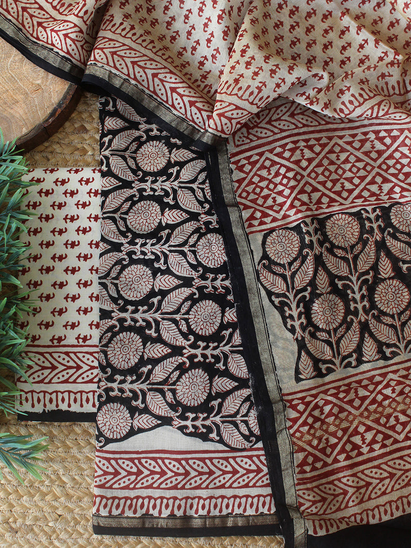 Off-White Bagru Hand Block Printed Chanderi Dress Material
