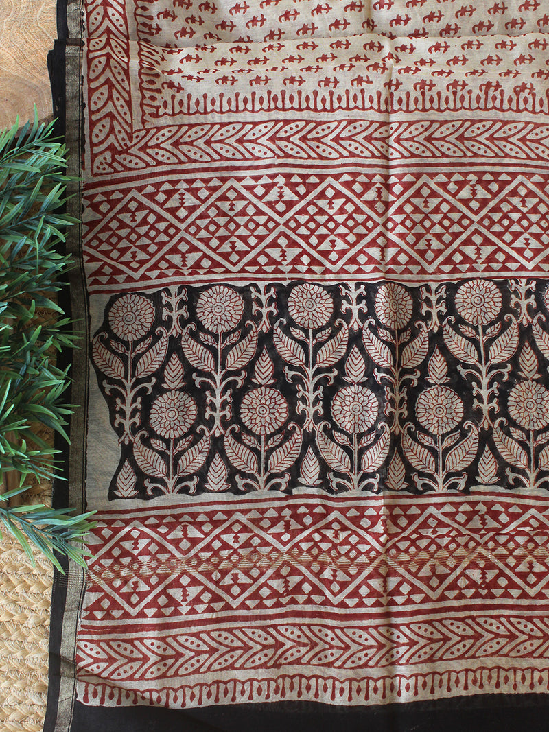 Off-White Bagru Hand Block Printed Chanderi Dress Material