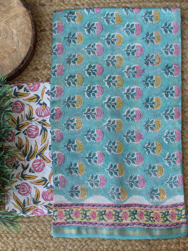 Blue Bagru Hand Block Printed Chanderi Dress Material