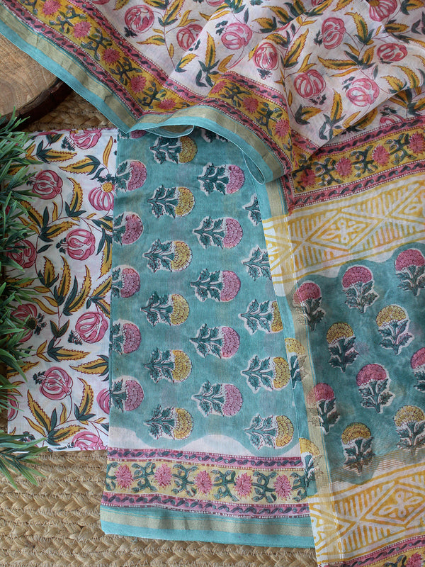 Blue Bagru Hand Block Printed Chanderi Dress Material