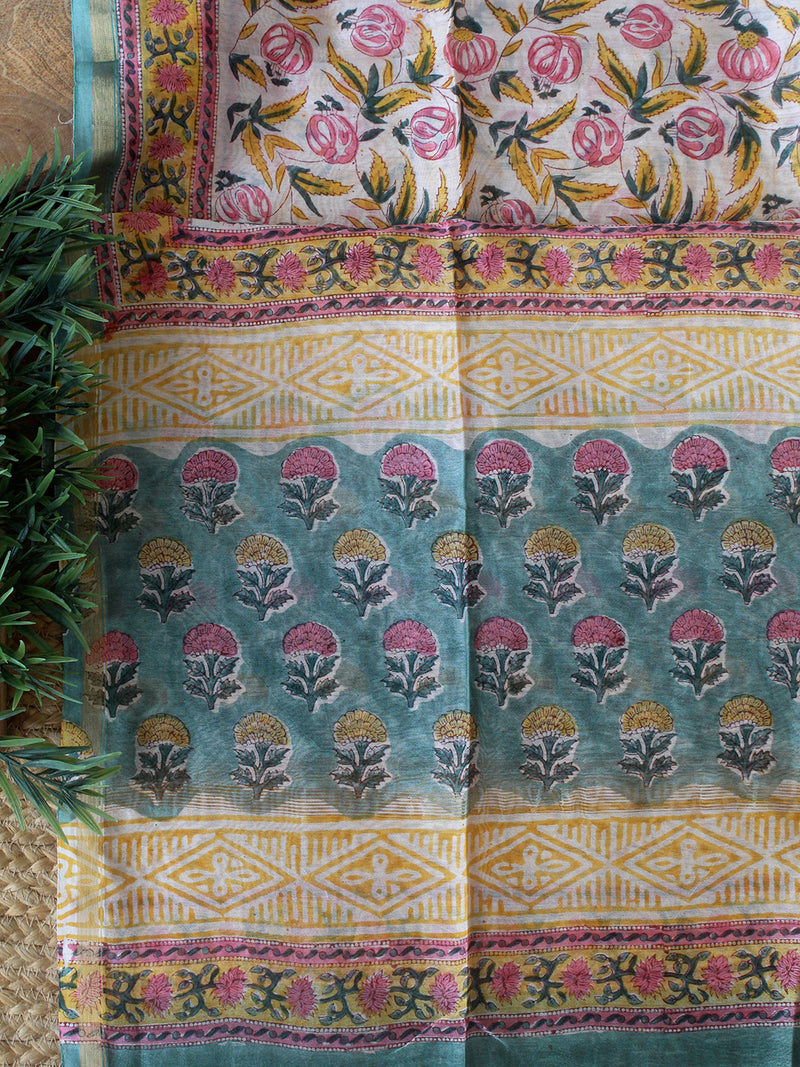 Blue Bagru Hand Block Printed Chanderi Dress Material