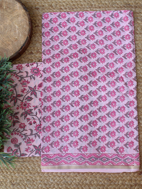 Pink Bagru Hand Block Printed Chanderi Dress Material