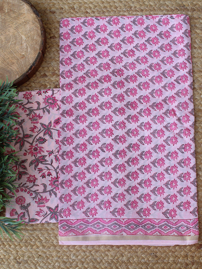 Pink Bagru Hand Block Printed Chanderi Dress Material