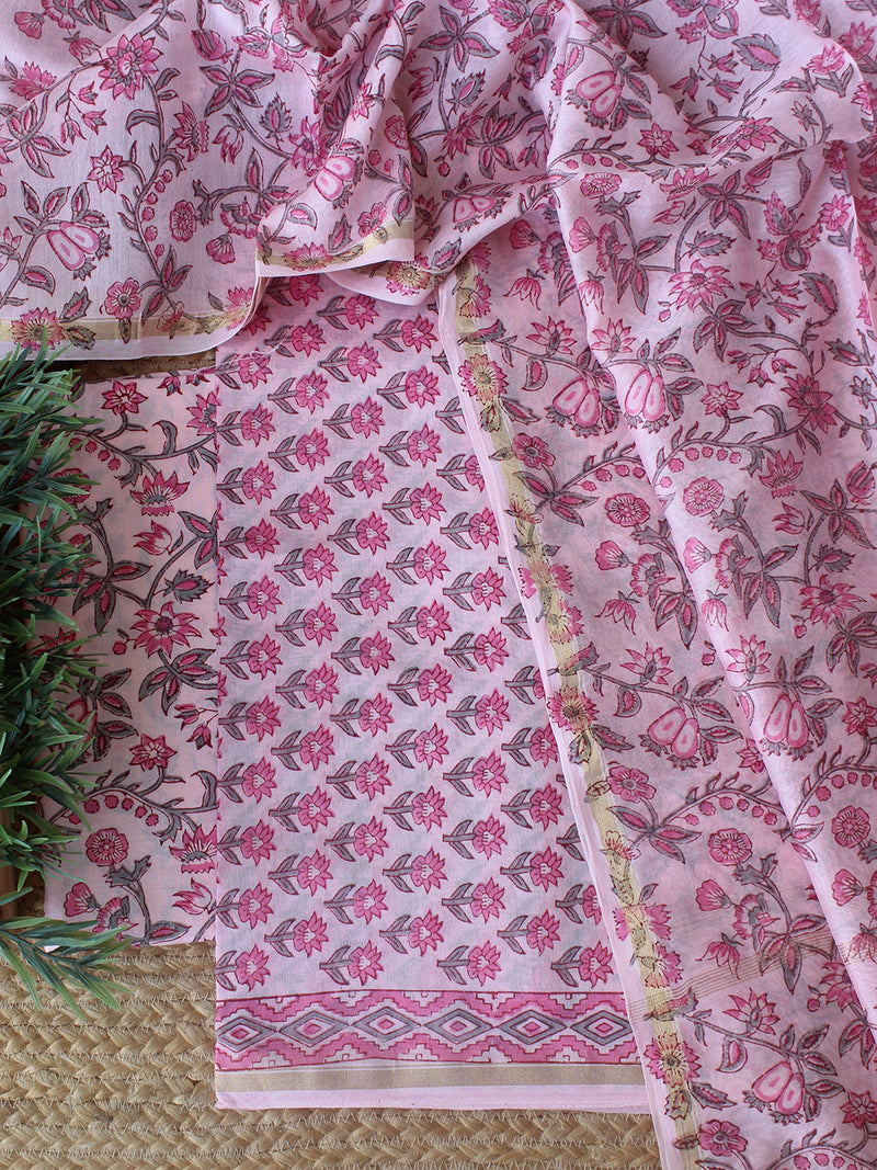 Pink Bagru Hand Block Printed Chanderi Dress Material