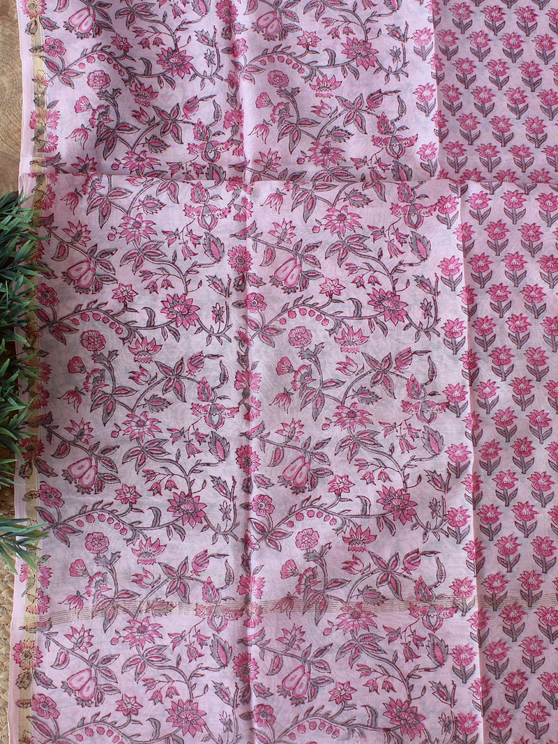 Pink Bagru Hand Block Printed Chanderi Dress Material