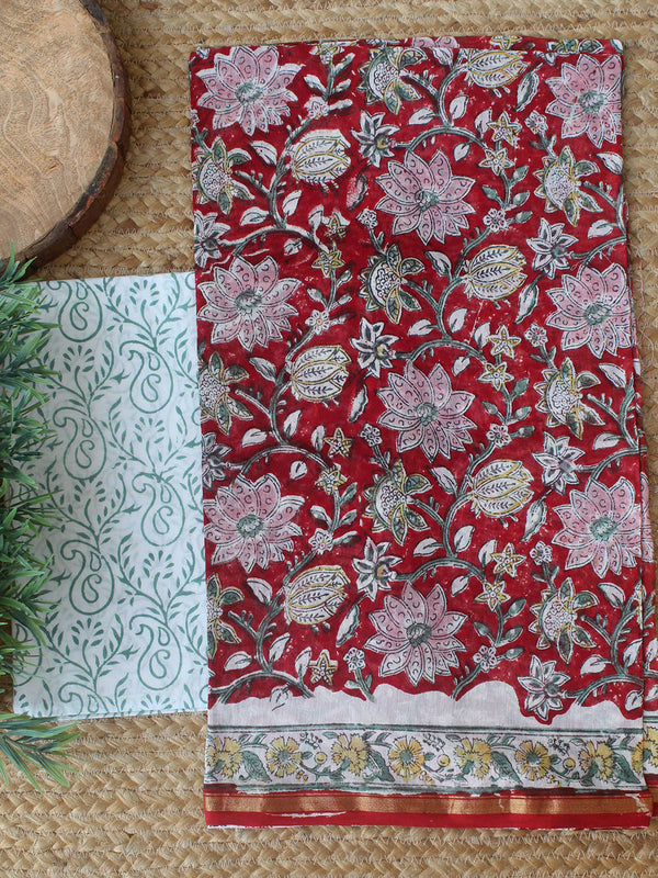 Red Bagru Hand Block Printed Chanderi Dress Material