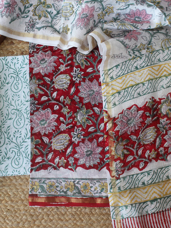 Red Bagru Hand Block Printed Chanderi Dress Material