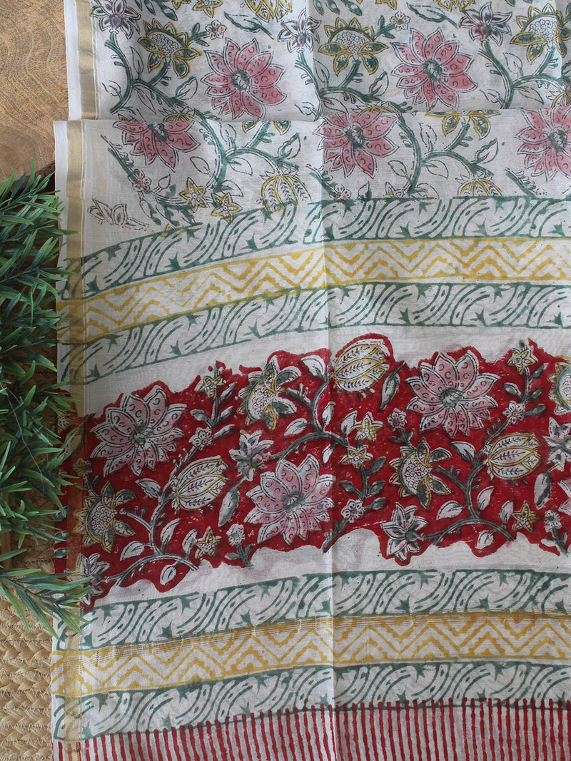 Red Bagru Hand Block Printed Chanderi Dress Material