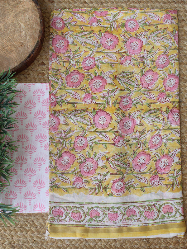 Yellow Bagru Hand Block Printed Chanderi Dress Material