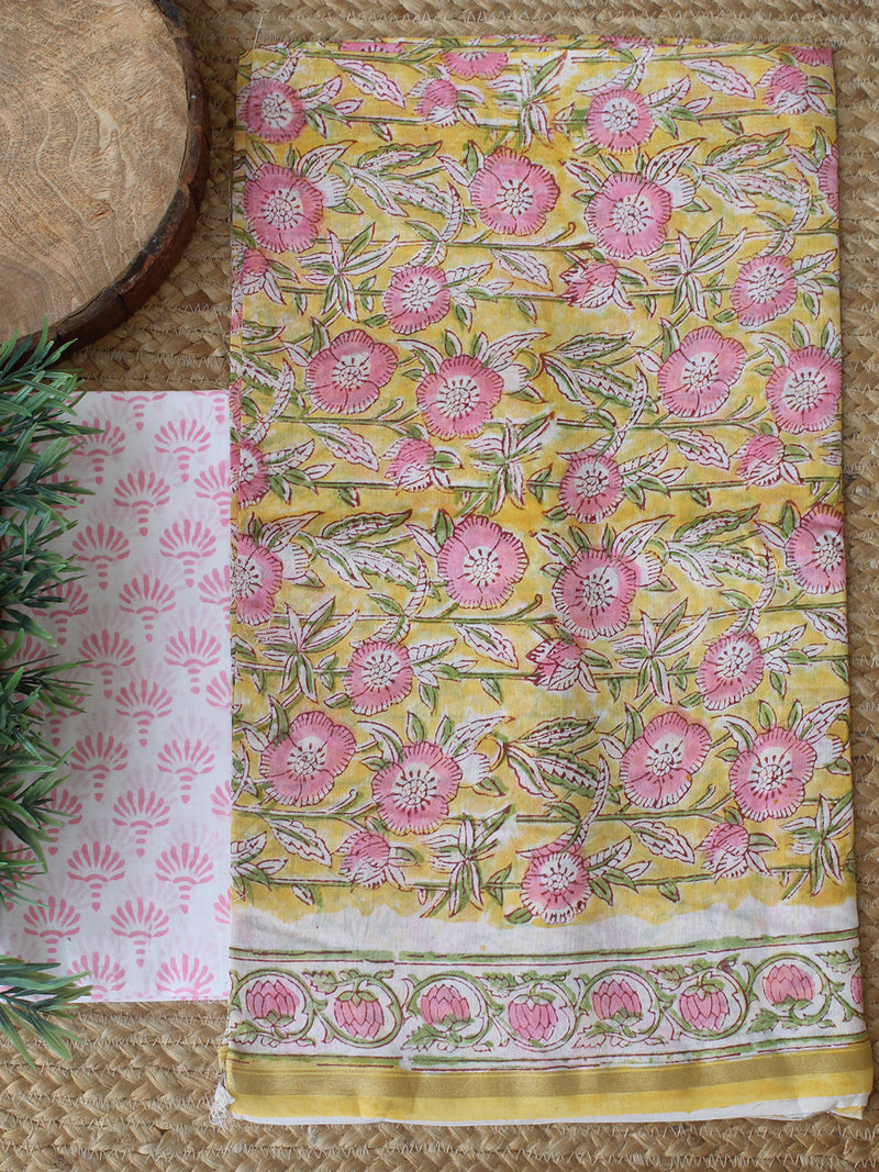 Yellow Bagru Hand Block Printed Chanderi Dress Material