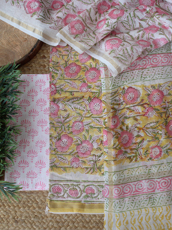 Yellow Bagru Hand Block Printed Chanderi Dress Material