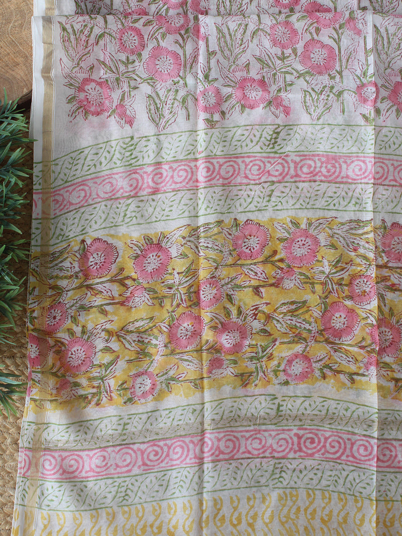 Yellow Bagru Hand Block Printed Chanderi Dress Material