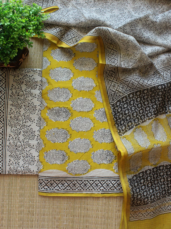 Yellow Bagru Hand Block Printed Cotton Dress Material with Kota Doria Dupatta - Weaves of Tradition