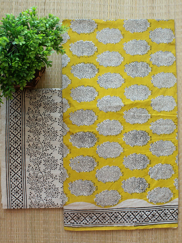 Yellow Bagru Hand Block Printed Cotton Dress Material with Kota Doria Dupatta - Weaves of Tradition