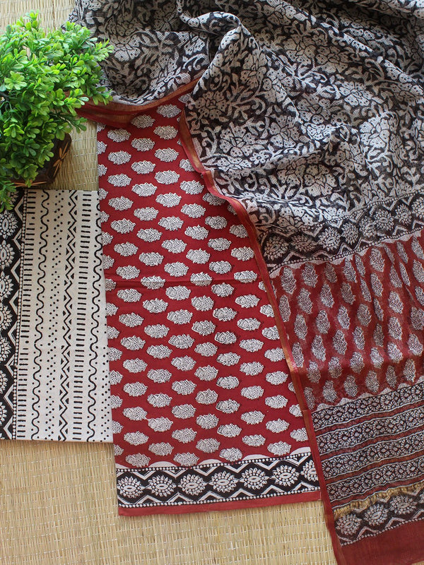 Maroon Bagru Hand Block Printed Cotton Dress Material with Kota Doria Dupatta - Weaves of Tradition