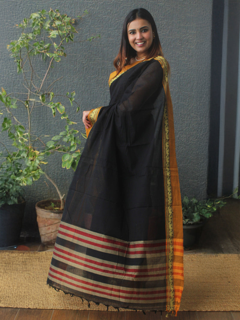 Black Narayanpet Mercerized Cotton Saree