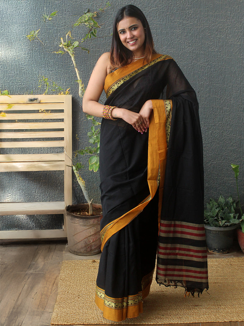 Black Narayanpet Mercerized Cotton Saree