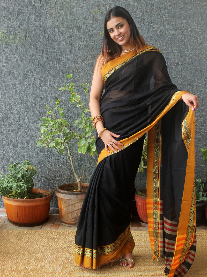Black Narayanpet Mercerized Cotton Saree
