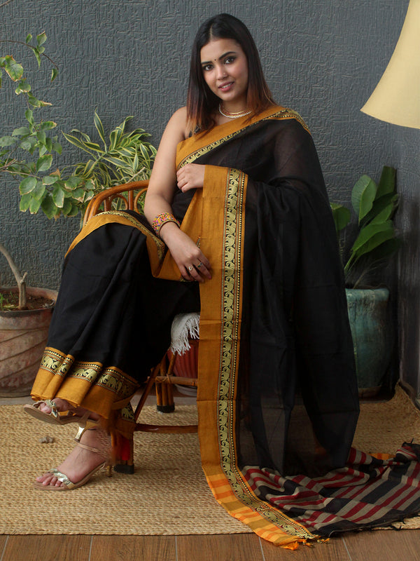 Black Narayanpet Mercerized Cotton Saree