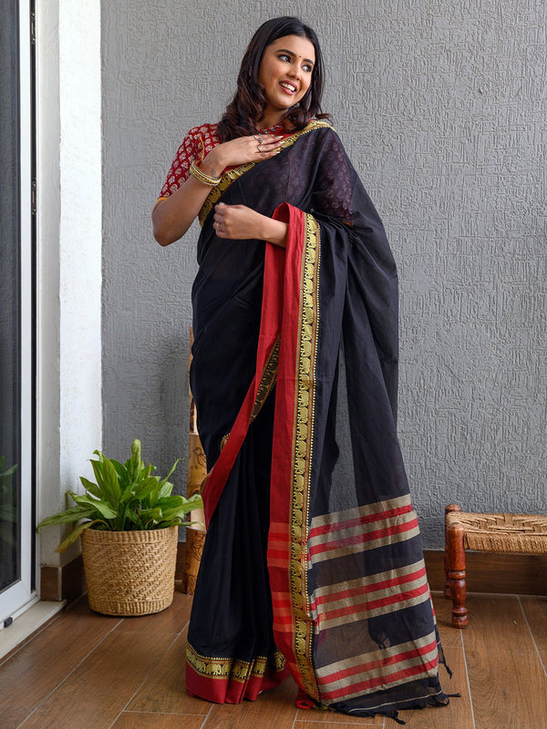 Black Narayanpet Mercerized Cotton Saree - Weaves of Tradition