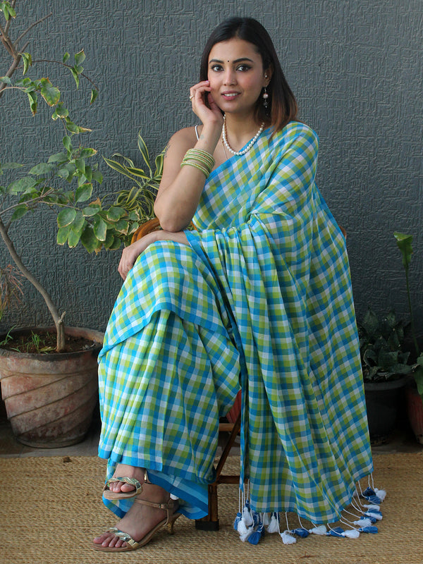 Blue and Green Checks Mul Mul Cotton Saree