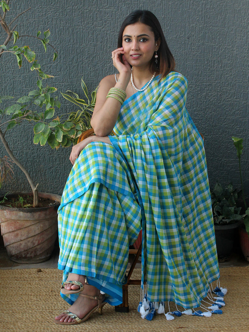Blue and Green Checks Mul Mul Cotton Saree