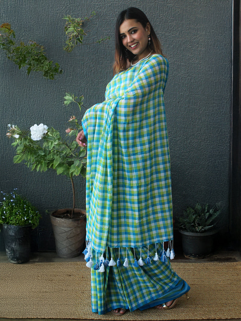 Blue and Green Checks Mul Mul Cotton Saree