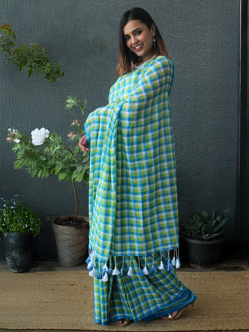 Blue and Green Checks Mul Mul Cotton Saree