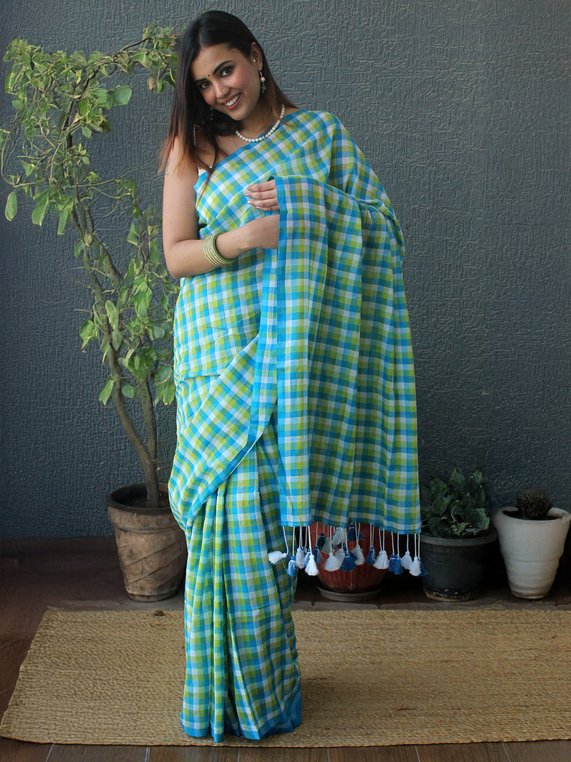 Blue and Green Checks Mul Mul Cotton Saree