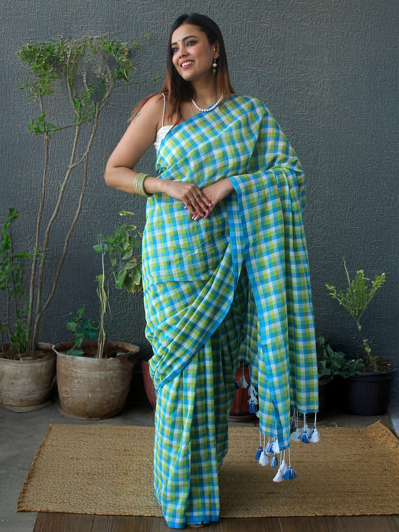 Blue and Green Checks Mul Mul Cotton Saree
