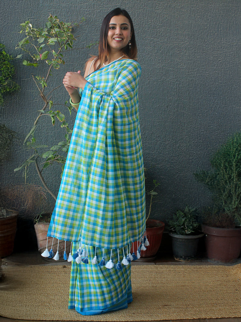 Blue and Green Checks Mul Mul Cotton Saree
