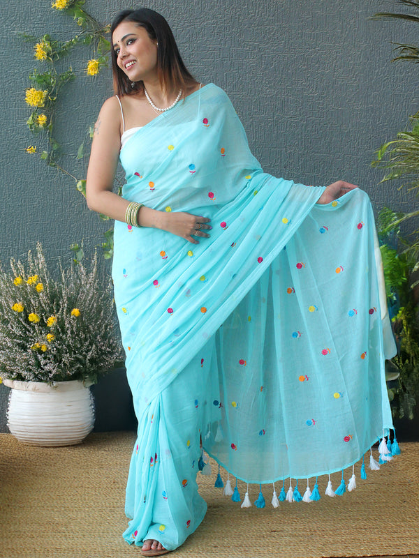 Blue Embroidered Mul Mul Cotton Saree
