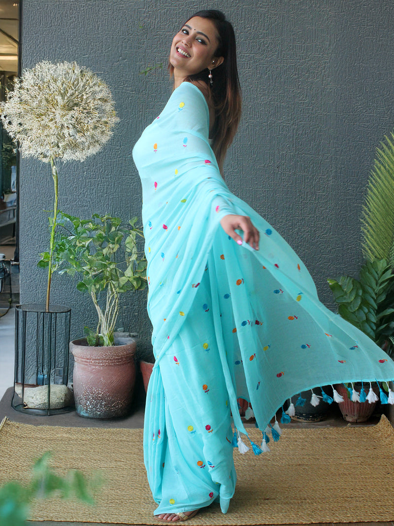 Blue Embroidered Mul Mul Cotton Saree