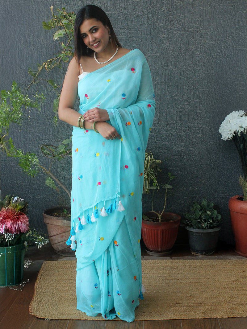 Blue Embroidered Mul Mul Cotton Saree